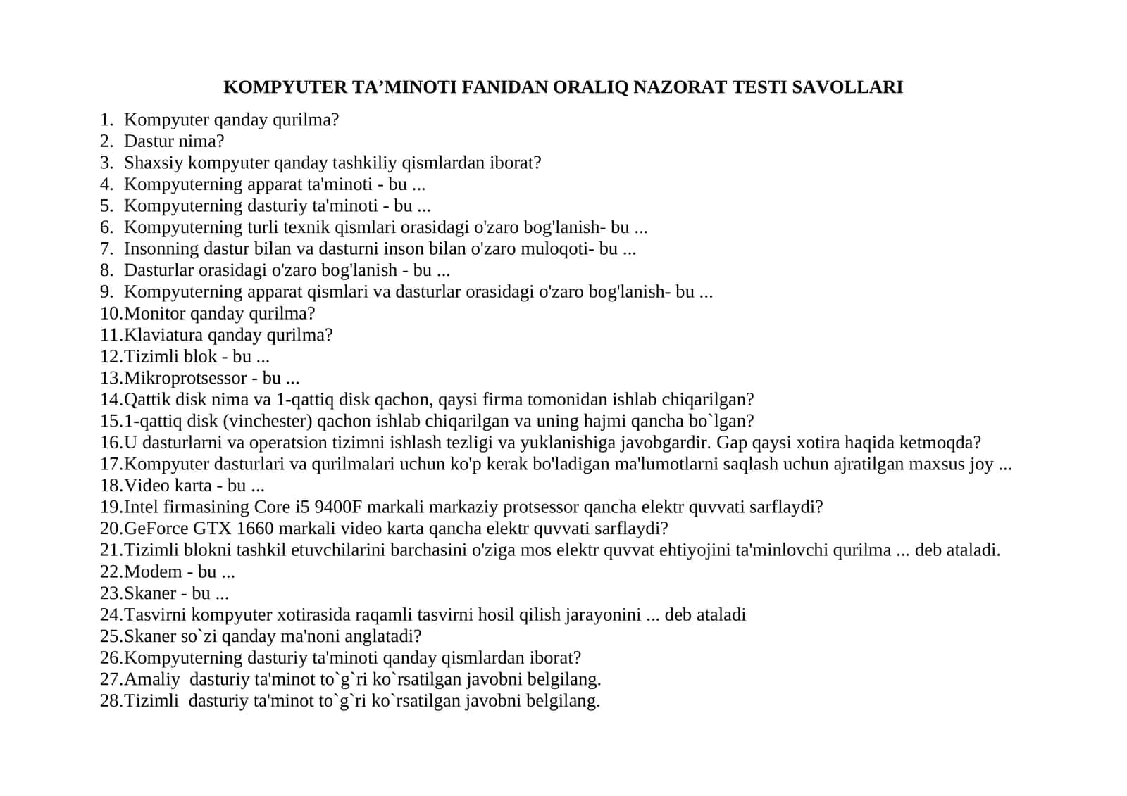 KOMPYUTER TA’MINOTI FANIDAN ORALIQ NAZORAT TESTI SAVOLLARI 1