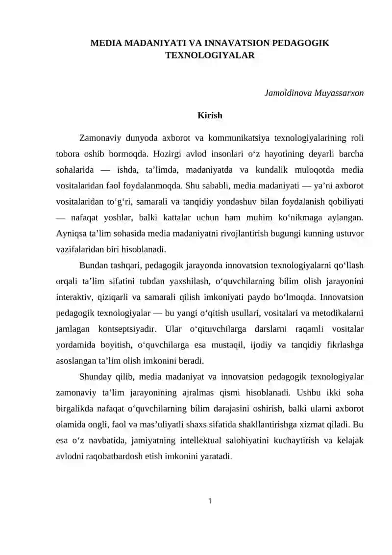 MEDIA MADANIYATI VA INNAVATSION PEDAGOGIK TEXNOLOGIYALAR