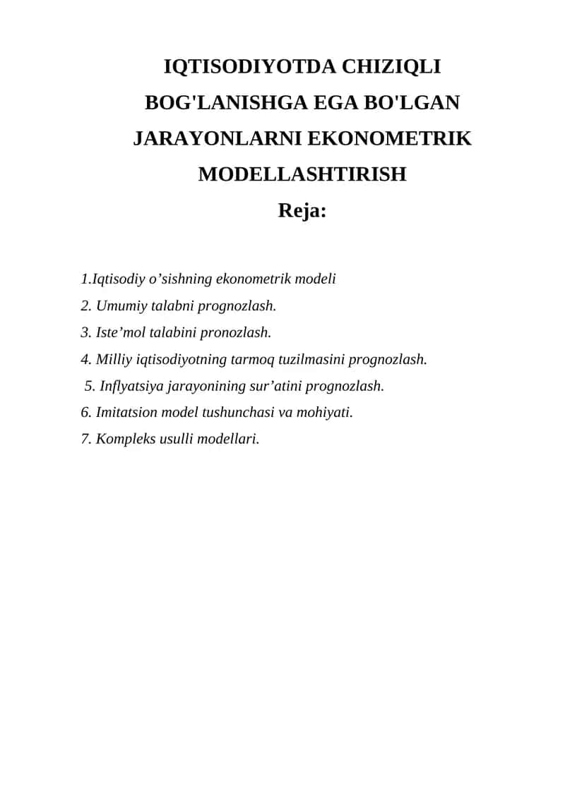 Iqtisodiyotda Chiziqli Bog'lanishga Ega Bo'lgan Jarayonlarni Ekonometrik Modellashtirish 1