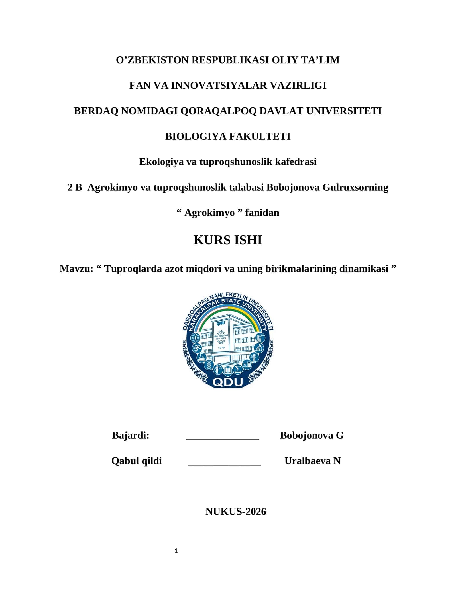 Tuproqlarda azot miqdori va uning birikmalarining dinamikasi 1