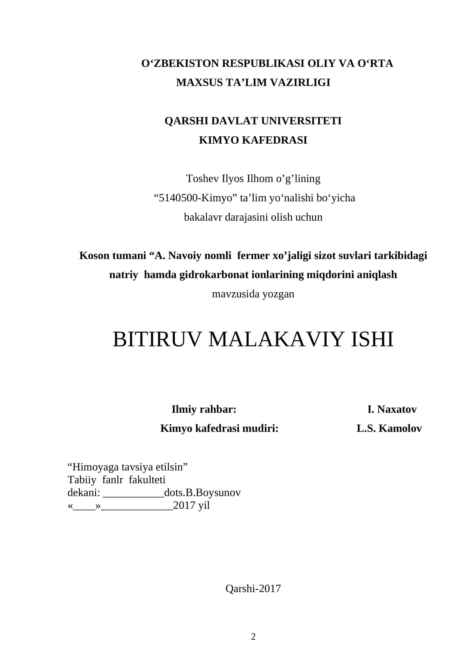 Koson tumani “A. Navoiy nomli fermer xo’jaligi sizot suvlari tarkibidagi natriy hamda gidrokarbonat ionlarining miqdorini aniqlash 1