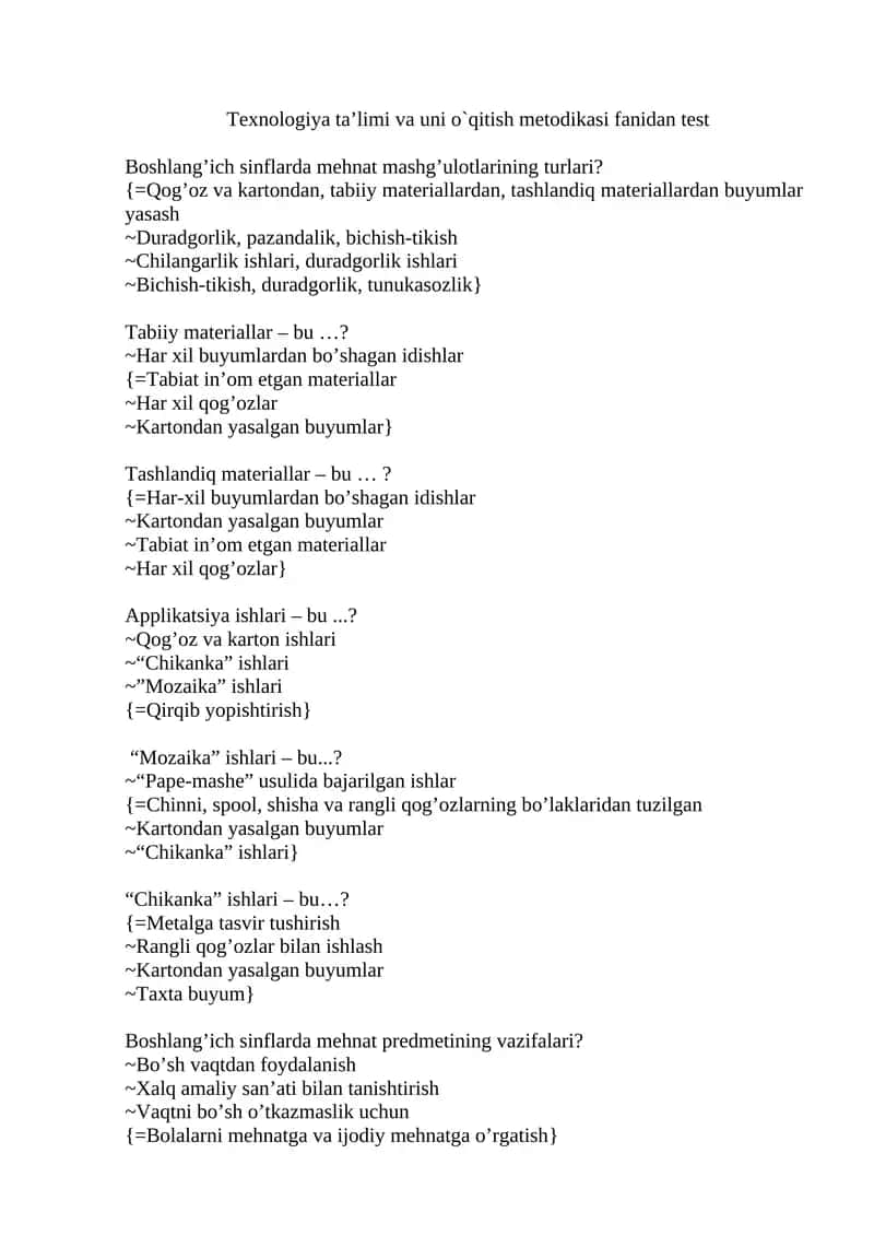 Texnologiya ta’limi va uni o`qitish metodikasi fanidan test 1