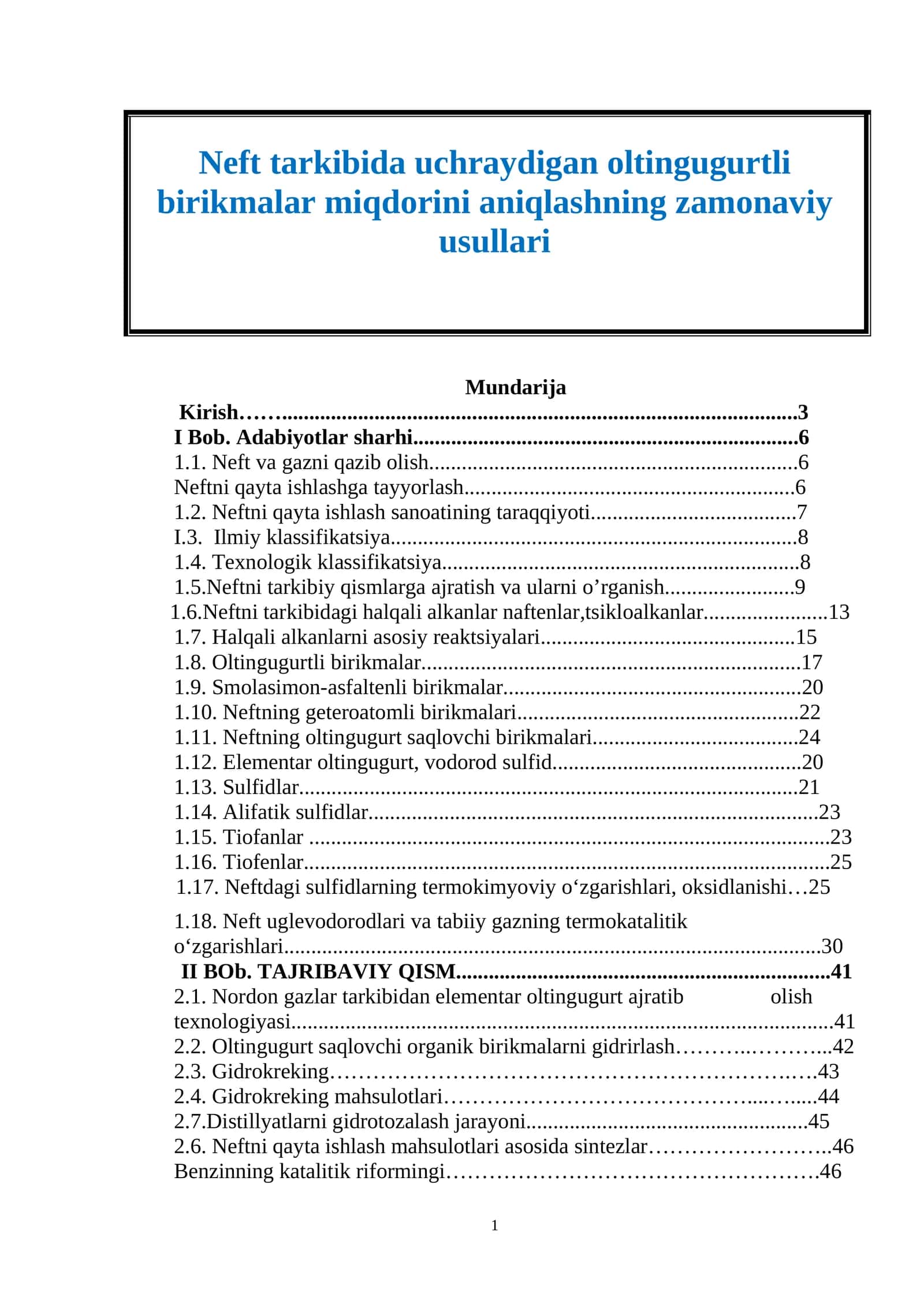 Neft tarkibida uchraydigan oltingugurtli birikmalar miqdorini aniqlashning zamonaviy usullari 1