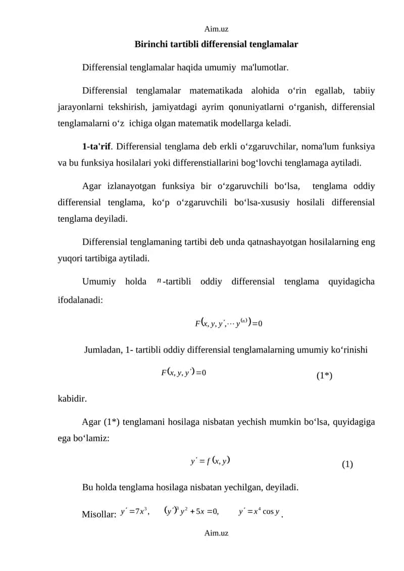 Birinchi tаrtibli diffеrеnsiаl tеnglаmаlаr 1
