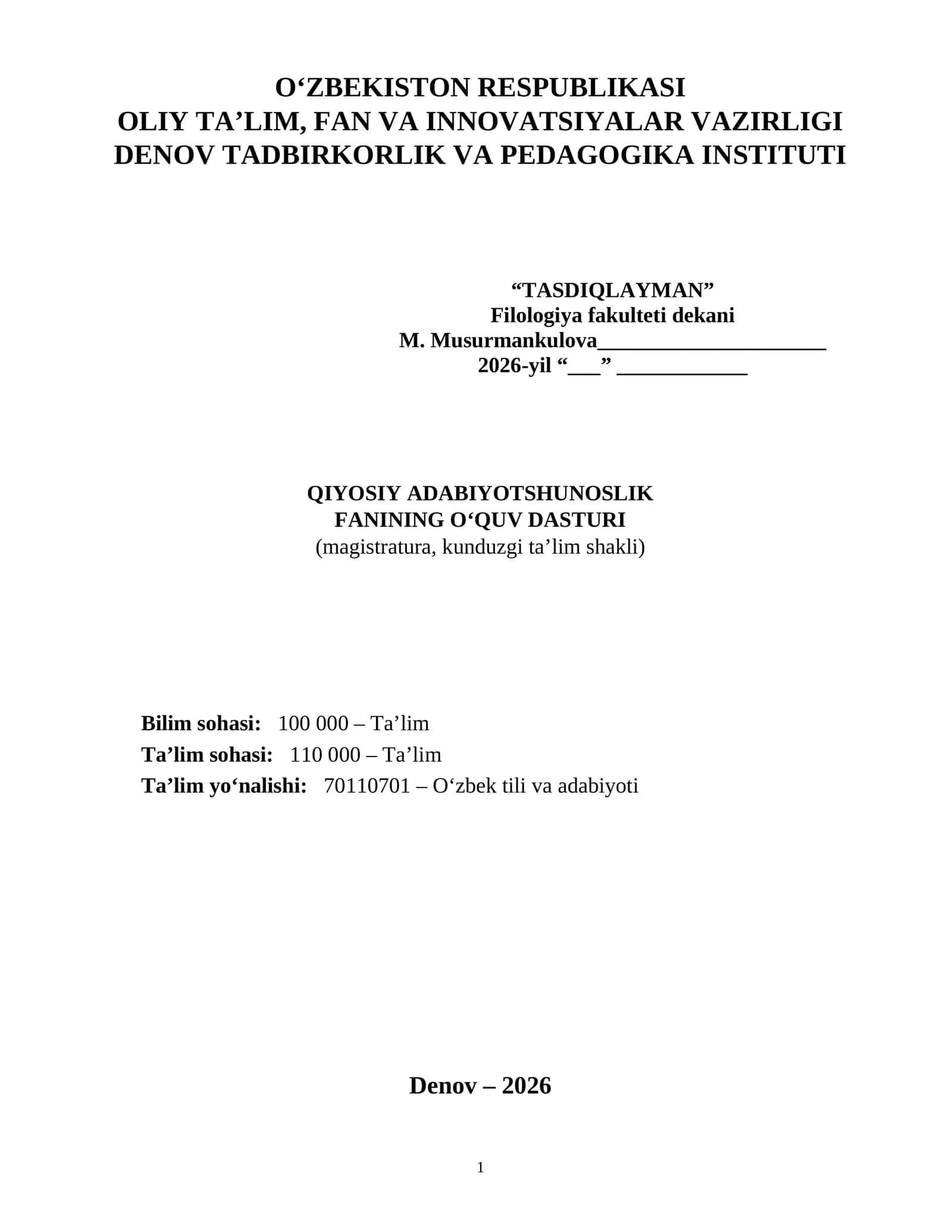 QIYOSIY ADABIYOTSHUNOSLIK FANINING O‘QUV DASTURI 1