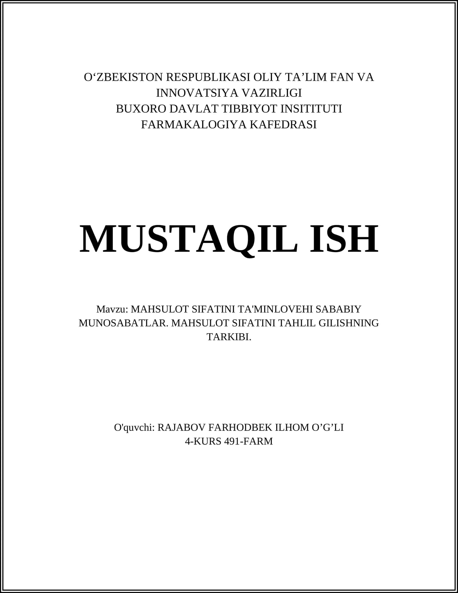MAHSULOT SIFATINI TA'MINLOVEHI SABABIY MUNOSABATLAR. MAHSULOT SIFATINI TAHLIL GILISHNING TARKIBI 1