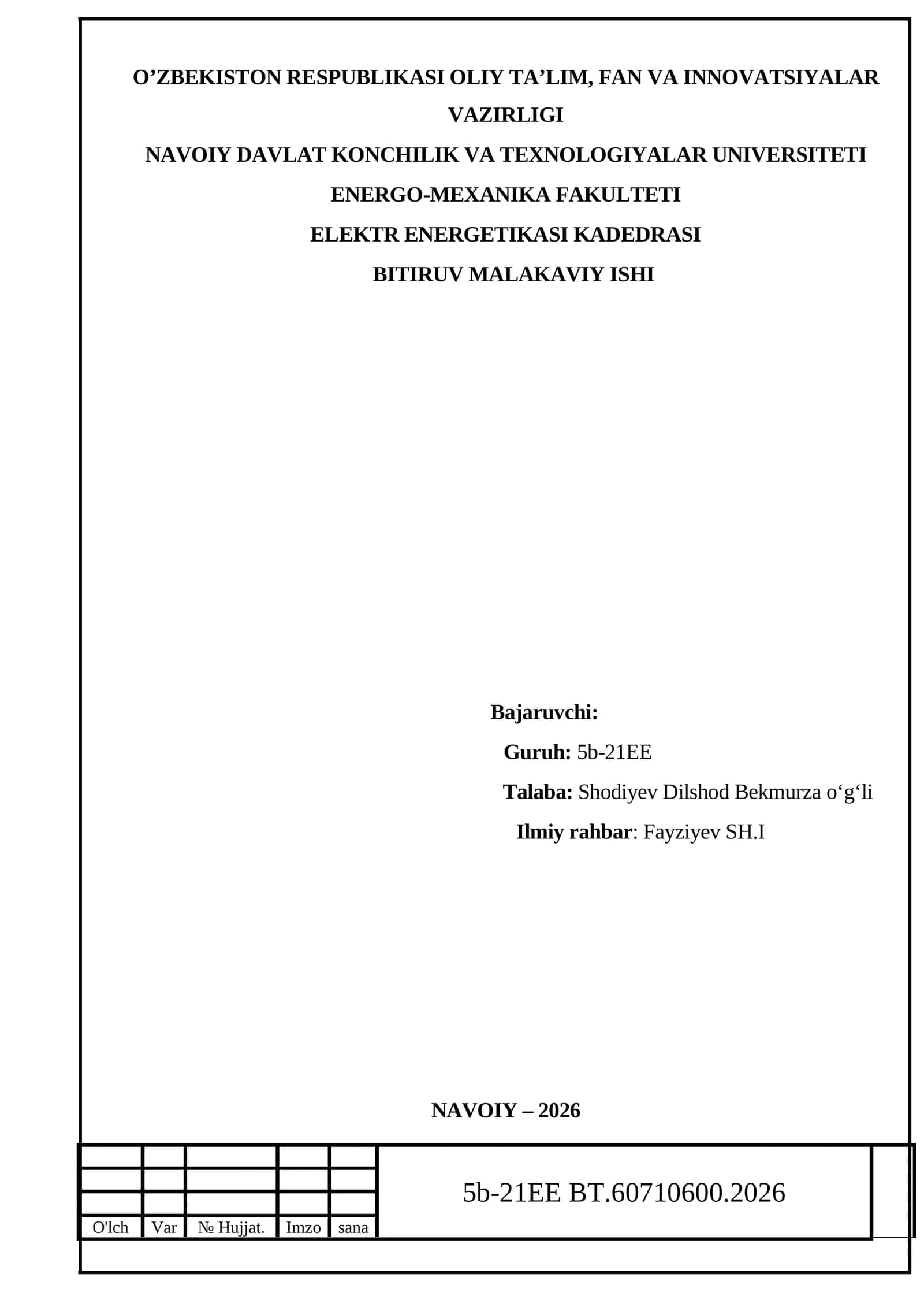 220–500 kVli elektr uzatish tarmoqlarida elektr energiyasi yo’qotishlarini tahlil qilish va ularni kamaytirish tadbirlari (Navoiy MET filiali misolida) 1