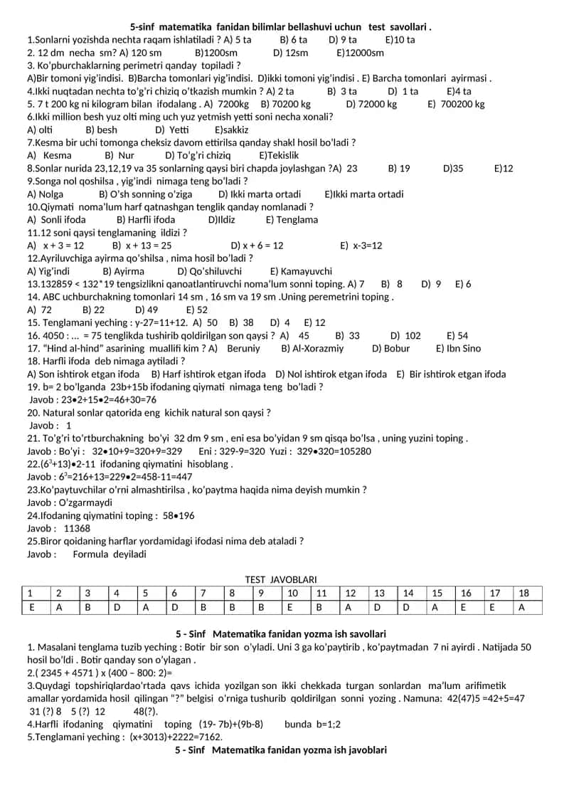 5-sinf matematika fanidan bilimlar bellashuvi uchun test savollari 1