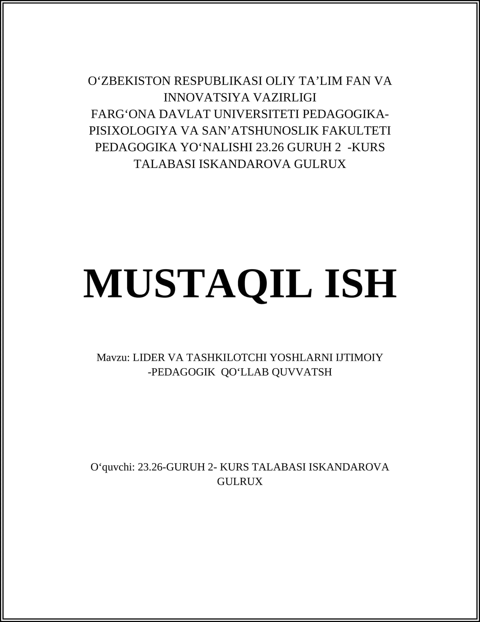 LIDER VA TASHKILOTCHI YOSHLARNI IJTIMOIY -PEDAGOGIK QOʻLLAB QUVVATSH 1