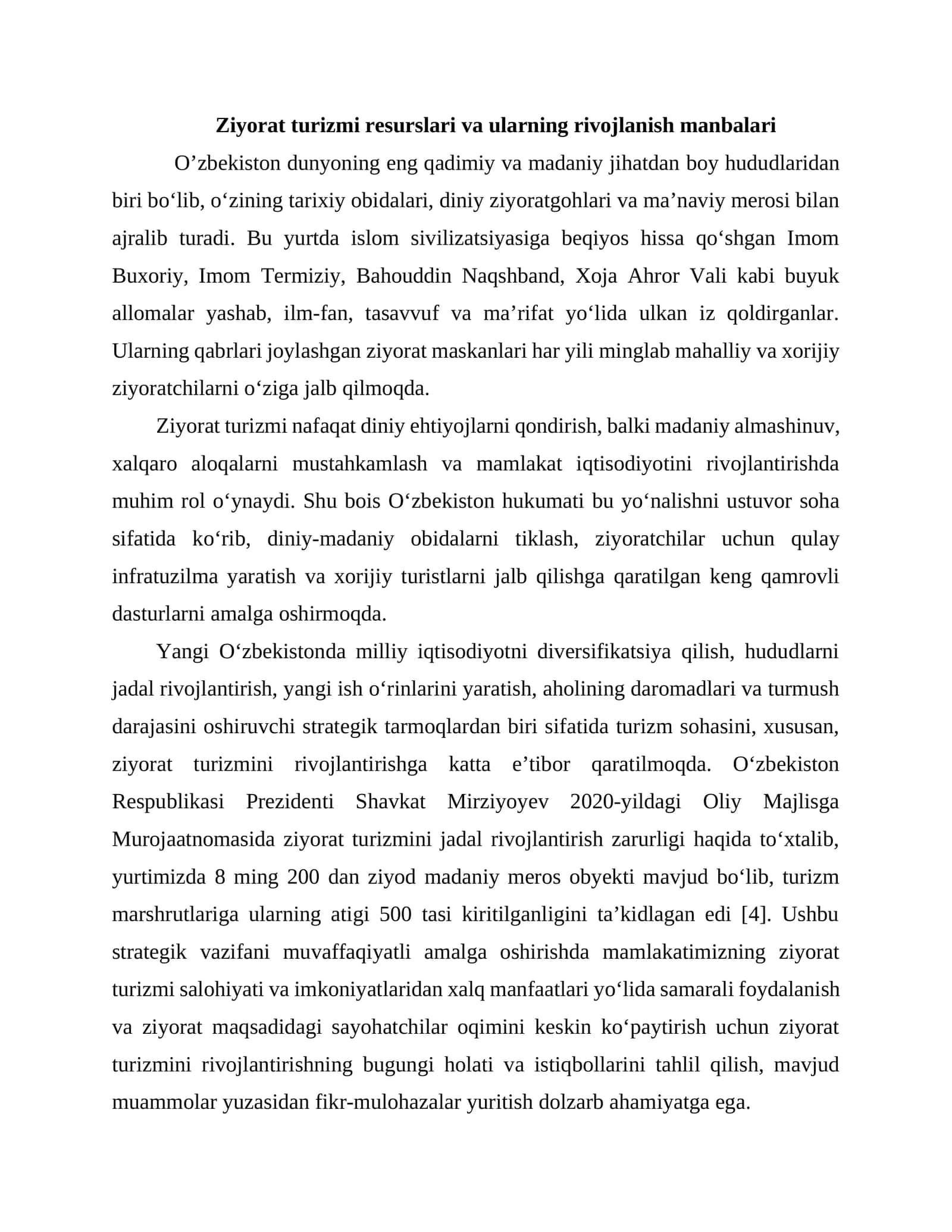 Ziyorat turizmi resurslari va ularni rivojlantirish manbalari 1