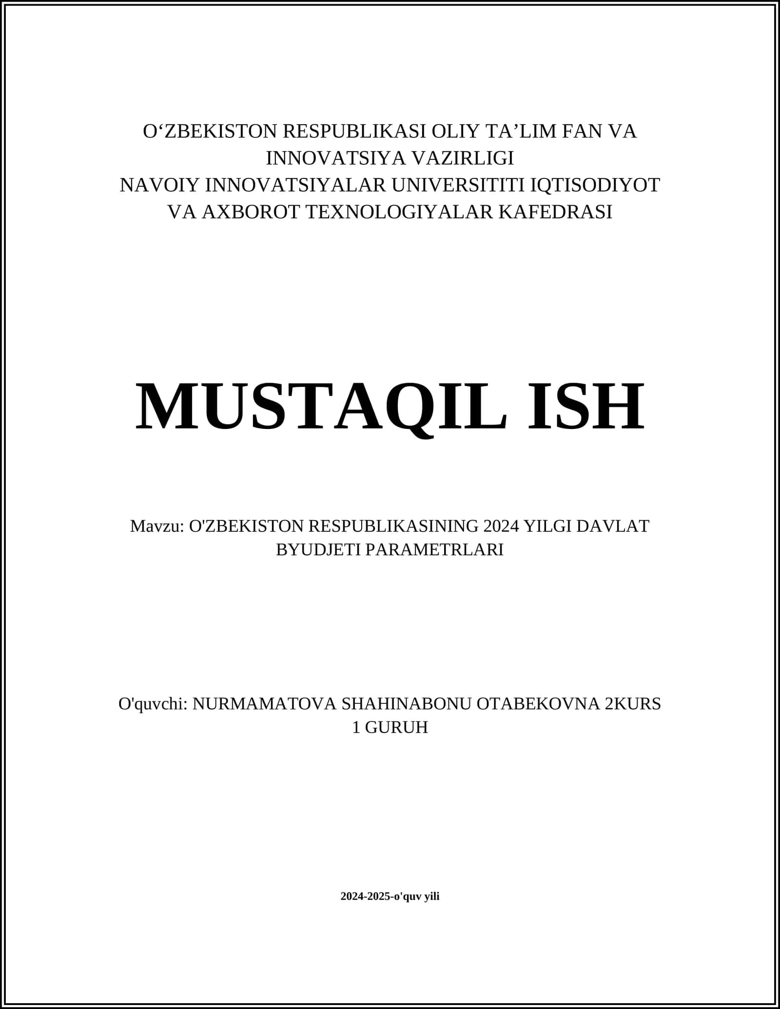 O'ZBEKISTON RESPUBLIKASINING 2024 YILGI DAVLAT BYUDJETI PARAMETRLARI 1