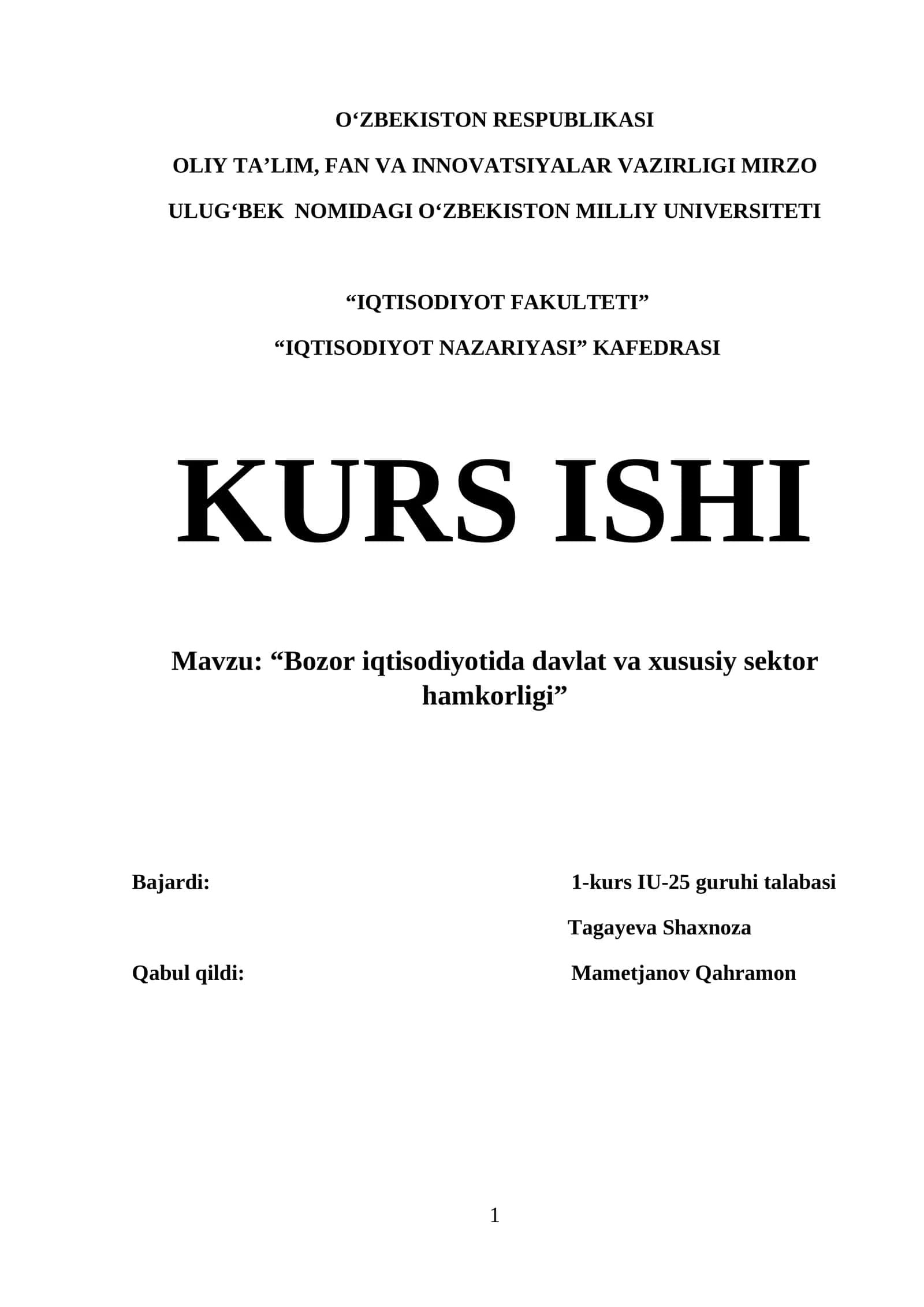 Kurs ishi Bozor iqtisodiyotida davlat va xususiy sektor hamkorligi 1