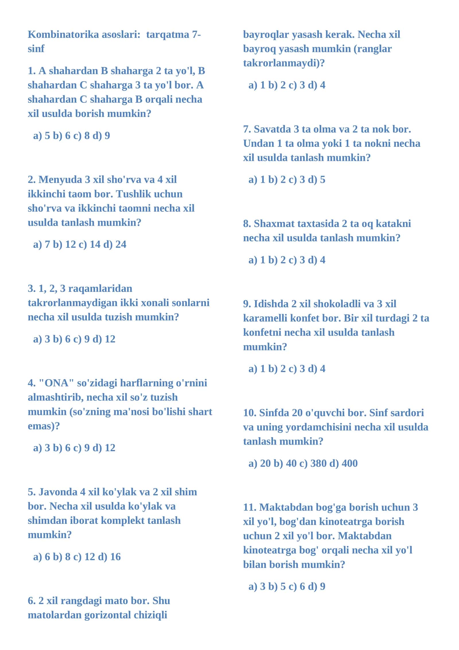 Kombinatorika asoslari: tarqatma 7-sinf 1