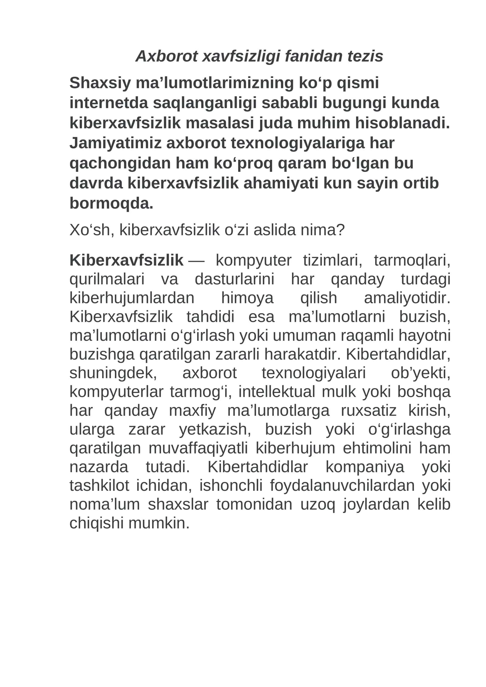 Axborot xavfsizligi fanidan tezis 1
