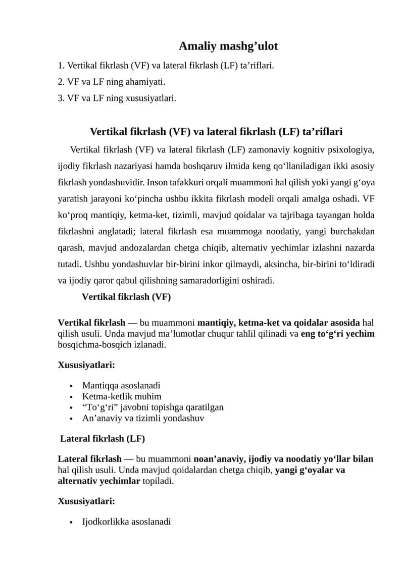 Vertikal fikrlash (VF) va lateral fikrlash (LF) ta’riflari 1