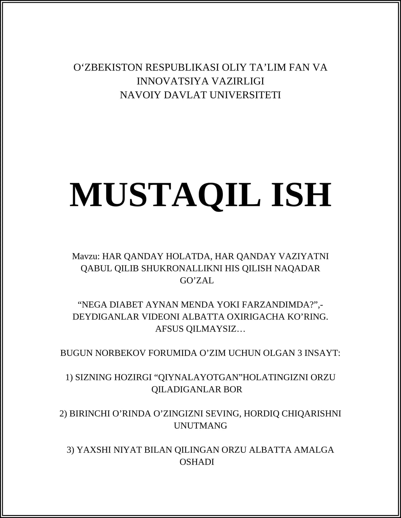 HAR QANDAY HOLATDA, HAR QANDAY VAZIYATNI QABUL QILIB SHUKRONALLIKNI HIS QILISH NAQADAR GO’ZAL 1