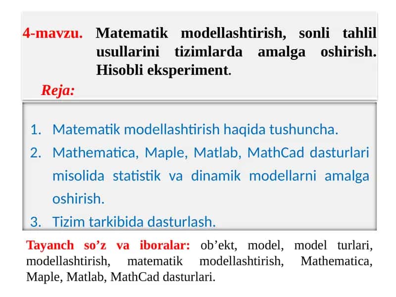 Matematik modellashtirish, sonli tahlil usullarini tizimlarda amalga oshirish. Hisobli eksperiment. 1