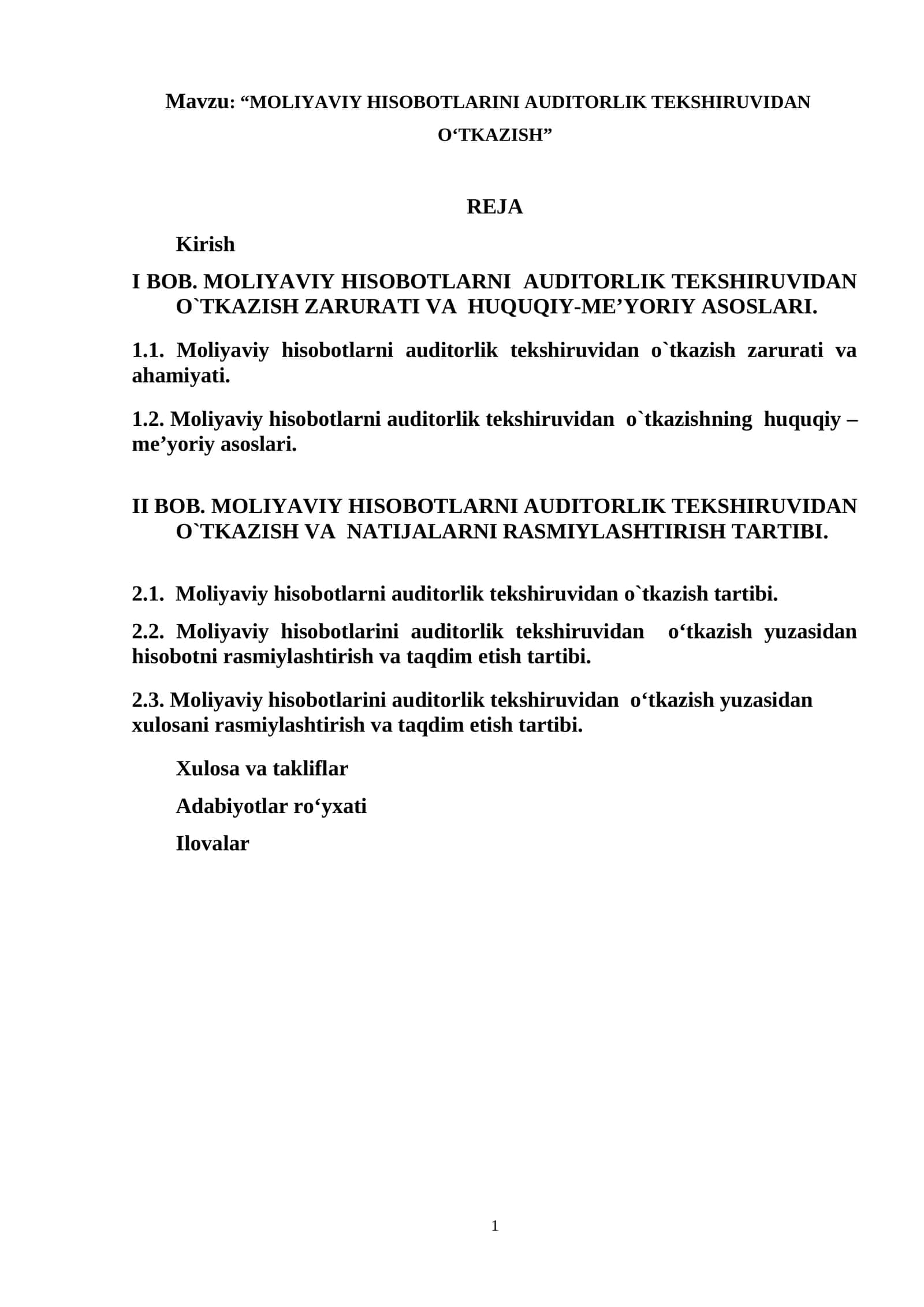 MOLIYAVIY HISOBOTLARINI AUDITORLIK TEKSHIRUVIDAN O‘TKAZISH 1