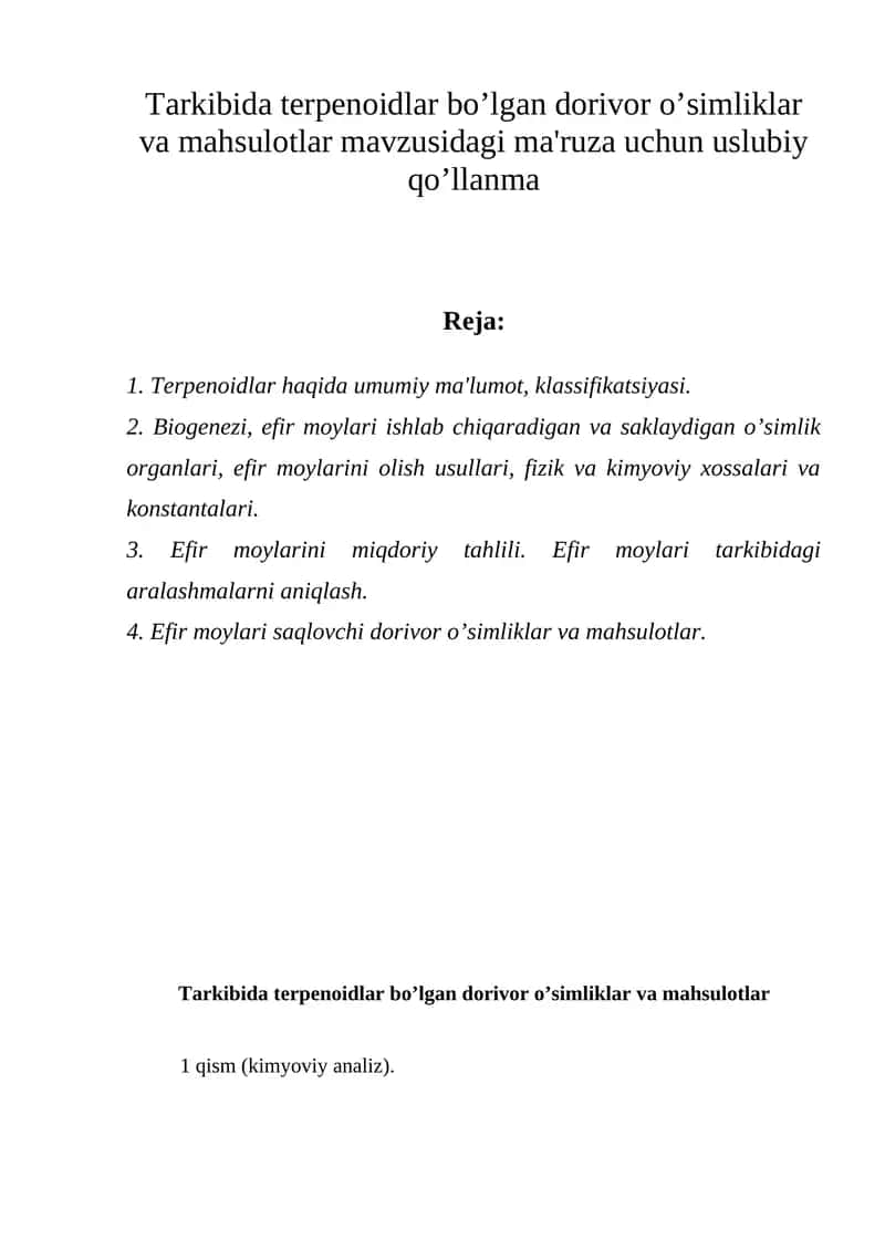 Tеrpеnoidlar bo’lgan dorivor o’simliklar va mahsulotlar 1