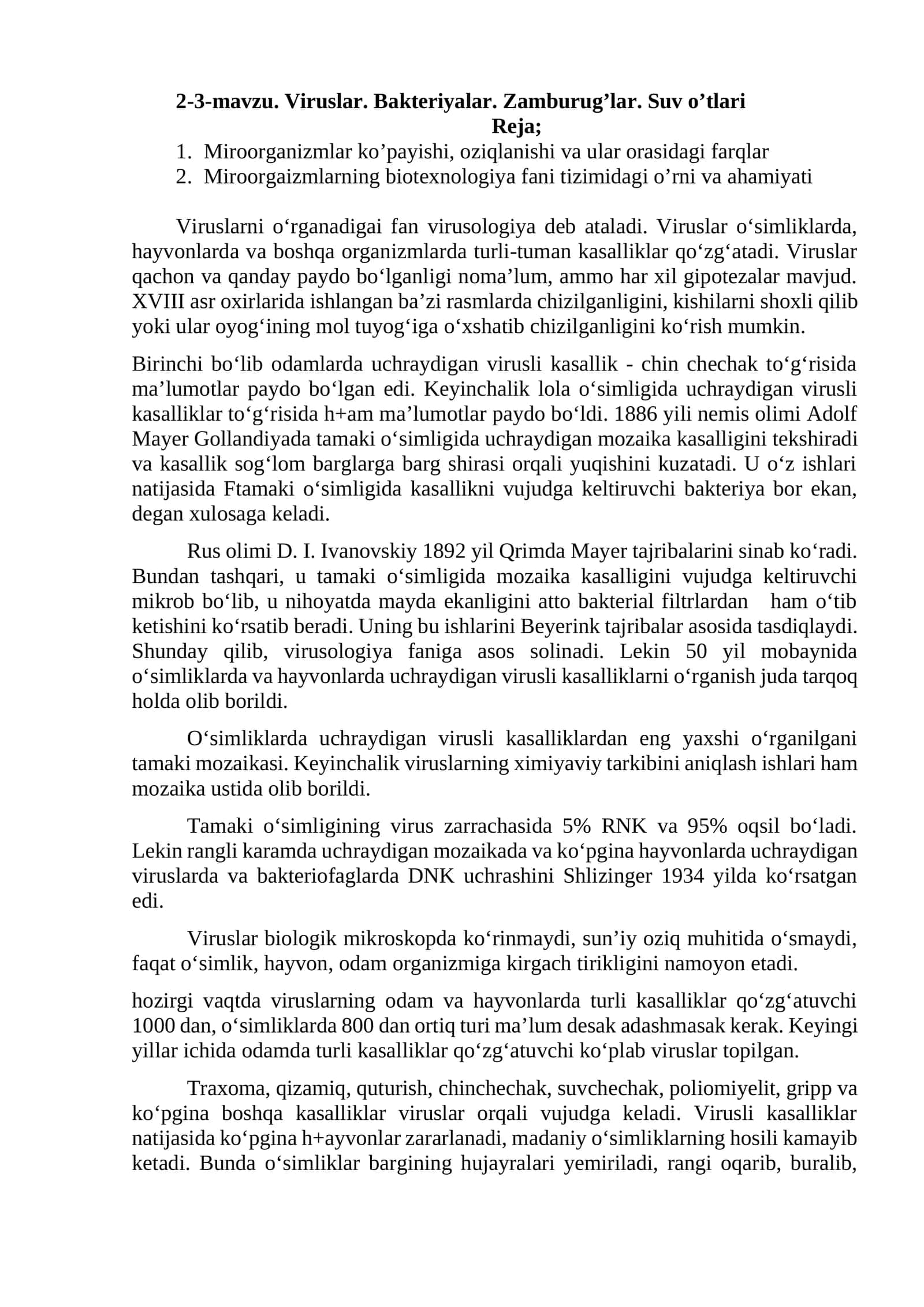 Viruslar. Bakteriyalar. Zamburug’lar. Suv o’tlari 1