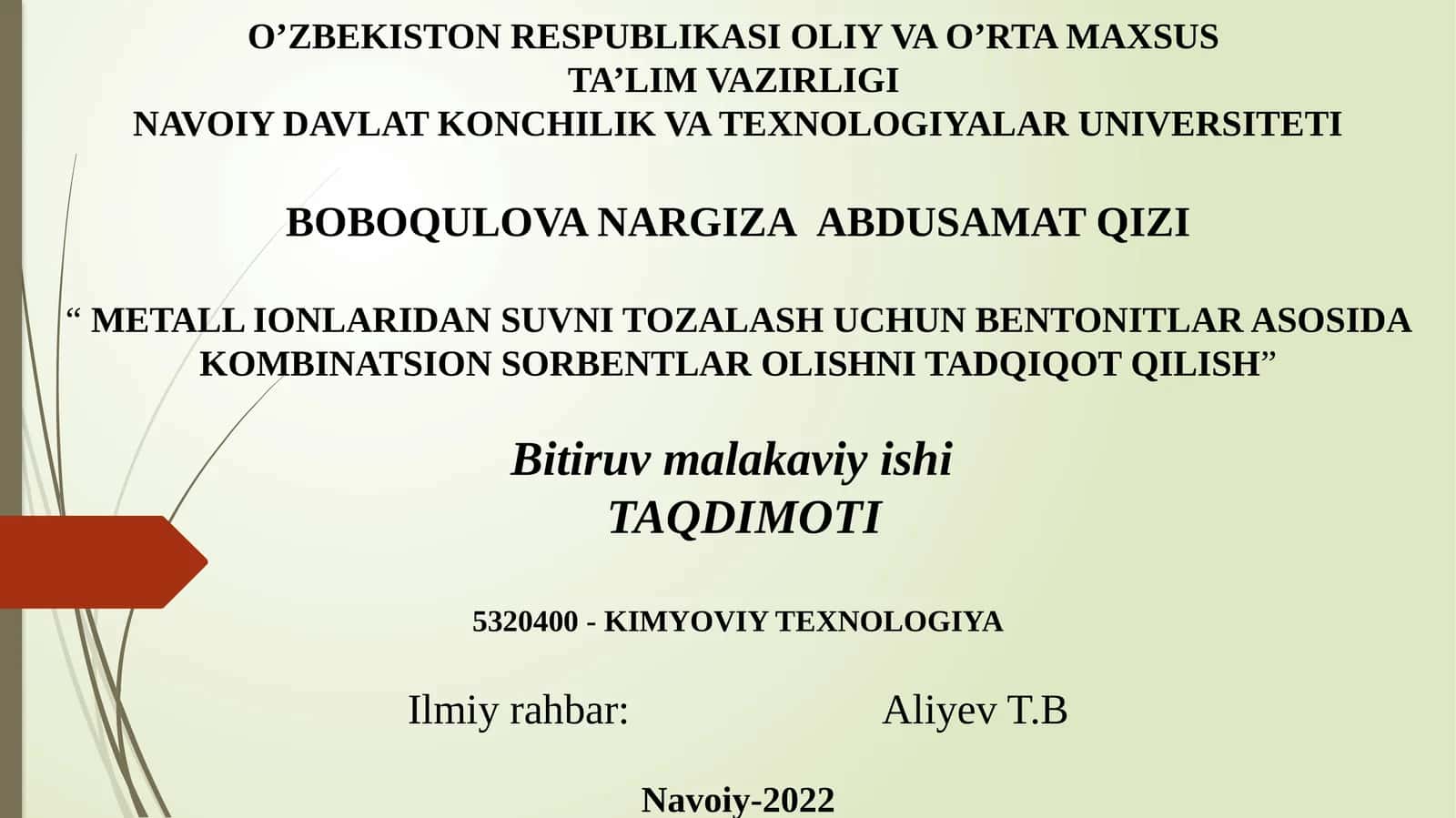 METALL IONLARIDAN SUVNI TOZALASH UCHUN BENTONITLAR ASOSIDA KOMBINATSION SORBENTLAR OLISHNI TADQIQOT QILISH 1