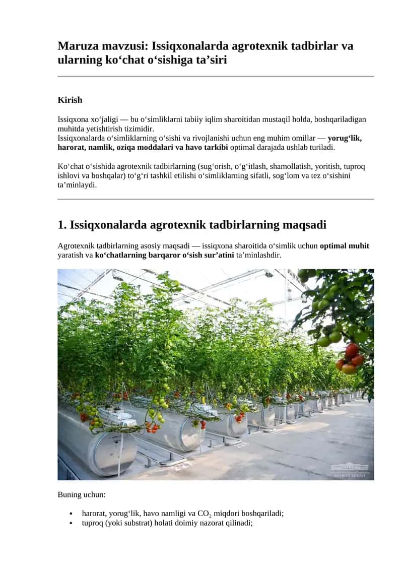 Issiqxonalarda agrotexnik tadbirlar va ularning ko‘chat o‘sishiga ta’siri 1