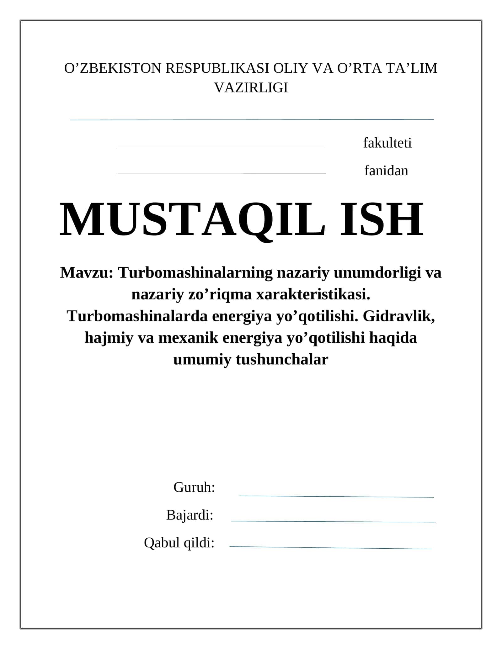 Turbomashinalarning nazariy unumdorligi va nazariy zo’riqma xarakteristikasi 1