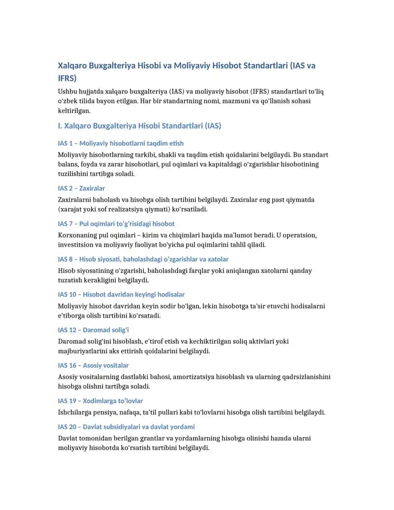 Xalqaro Buxgalteriya Hisobi va Moliyaviy Hisobot Standartlari (IAS va IFRS) 1