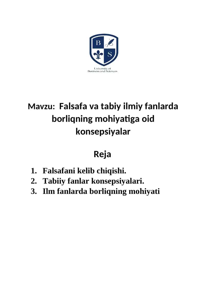Falsafa va tabiy ilmiy fanlarda borliqning mohiyatiga oid konsepsiyalar 1