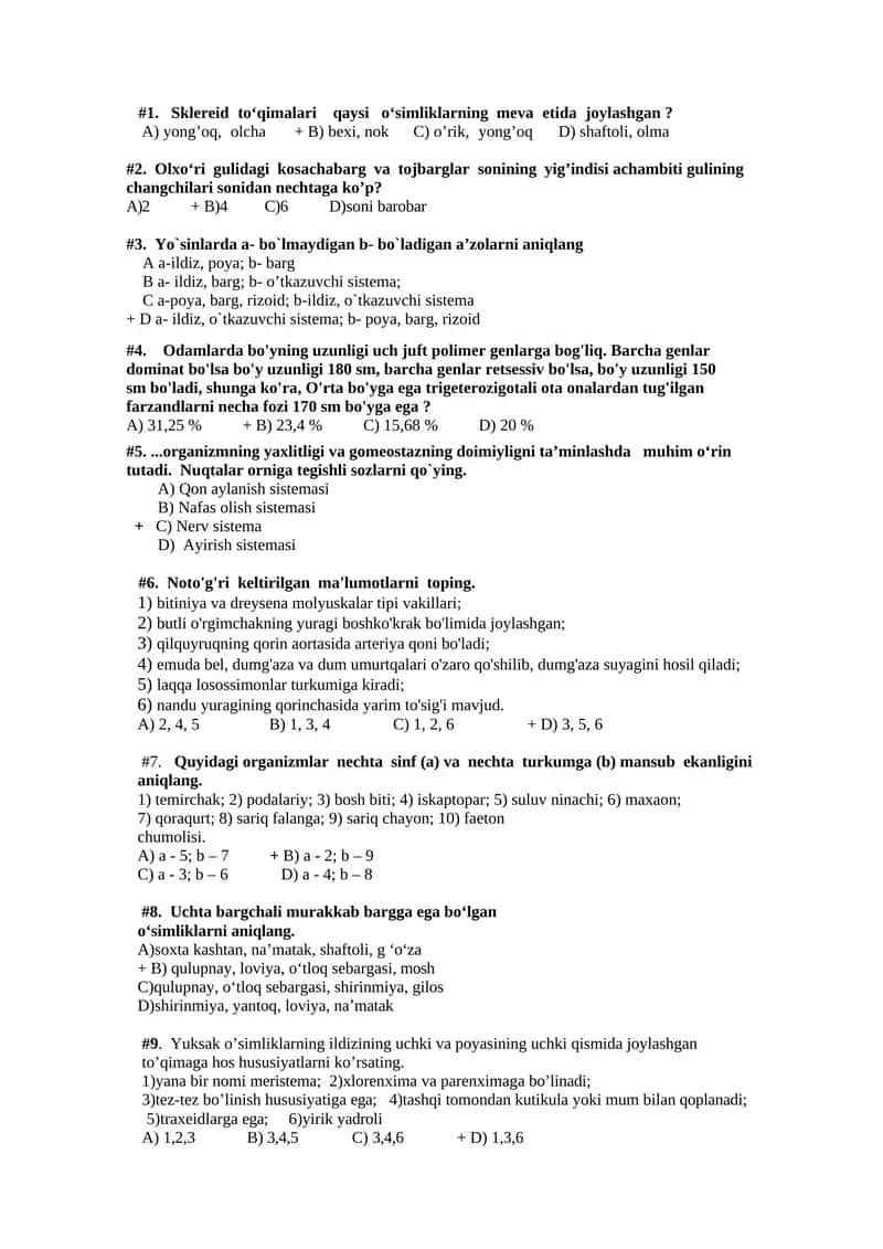 Biologiya fanidan test savollari 1