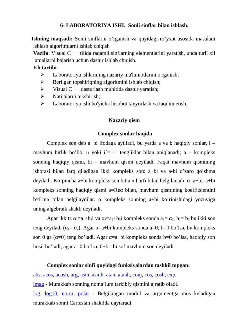 6- LABORATORIYA ISHI. Sonli sinflar bilan ishlash 1