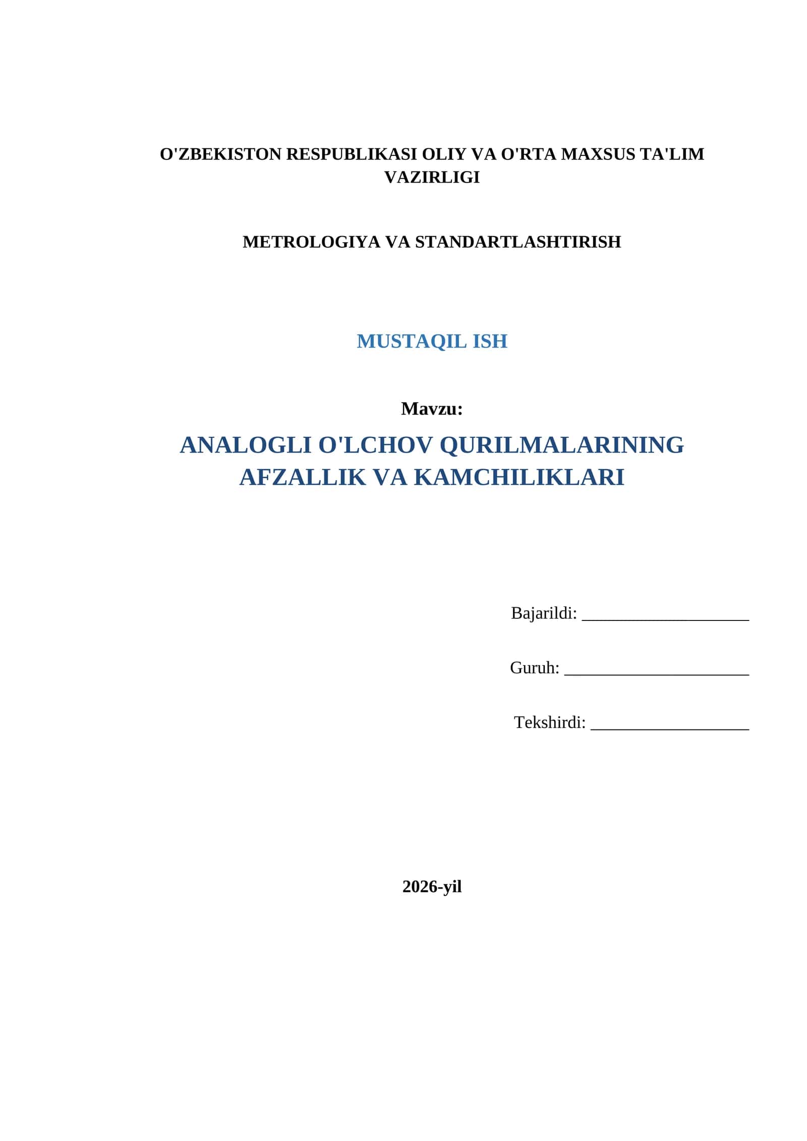 "Analogli o'lchov qurilmalari" (Metrologiya va Standartlashtirish) 1