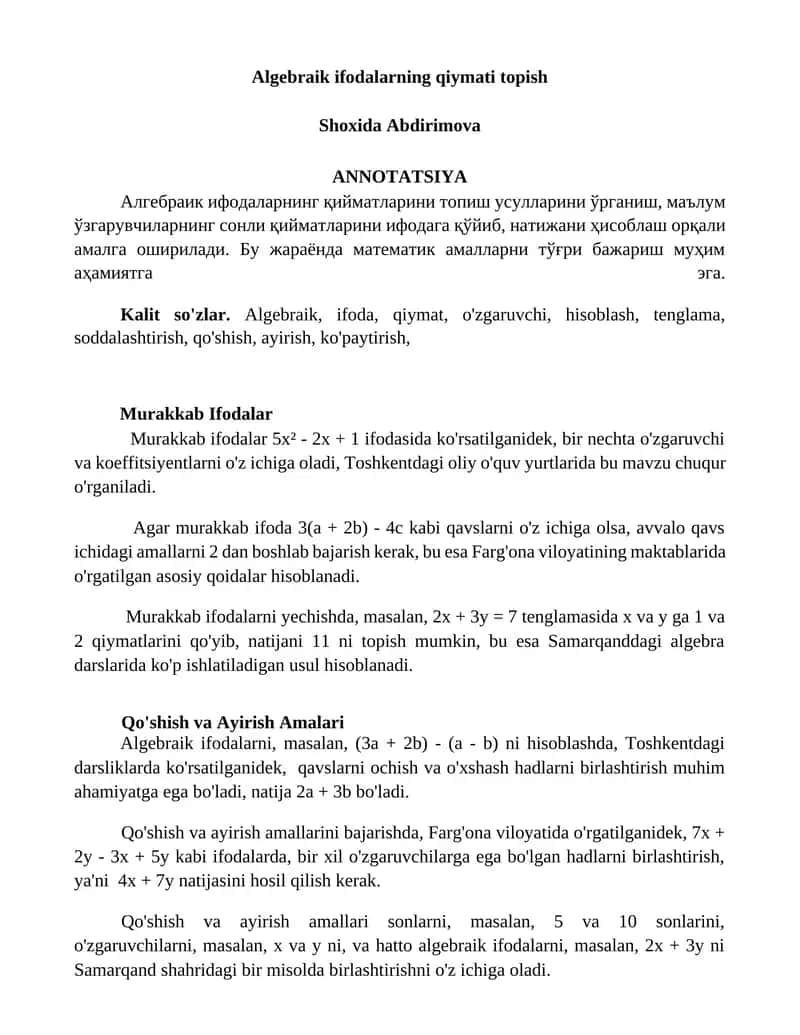Algebraik ifodalarning qiymati topish 1