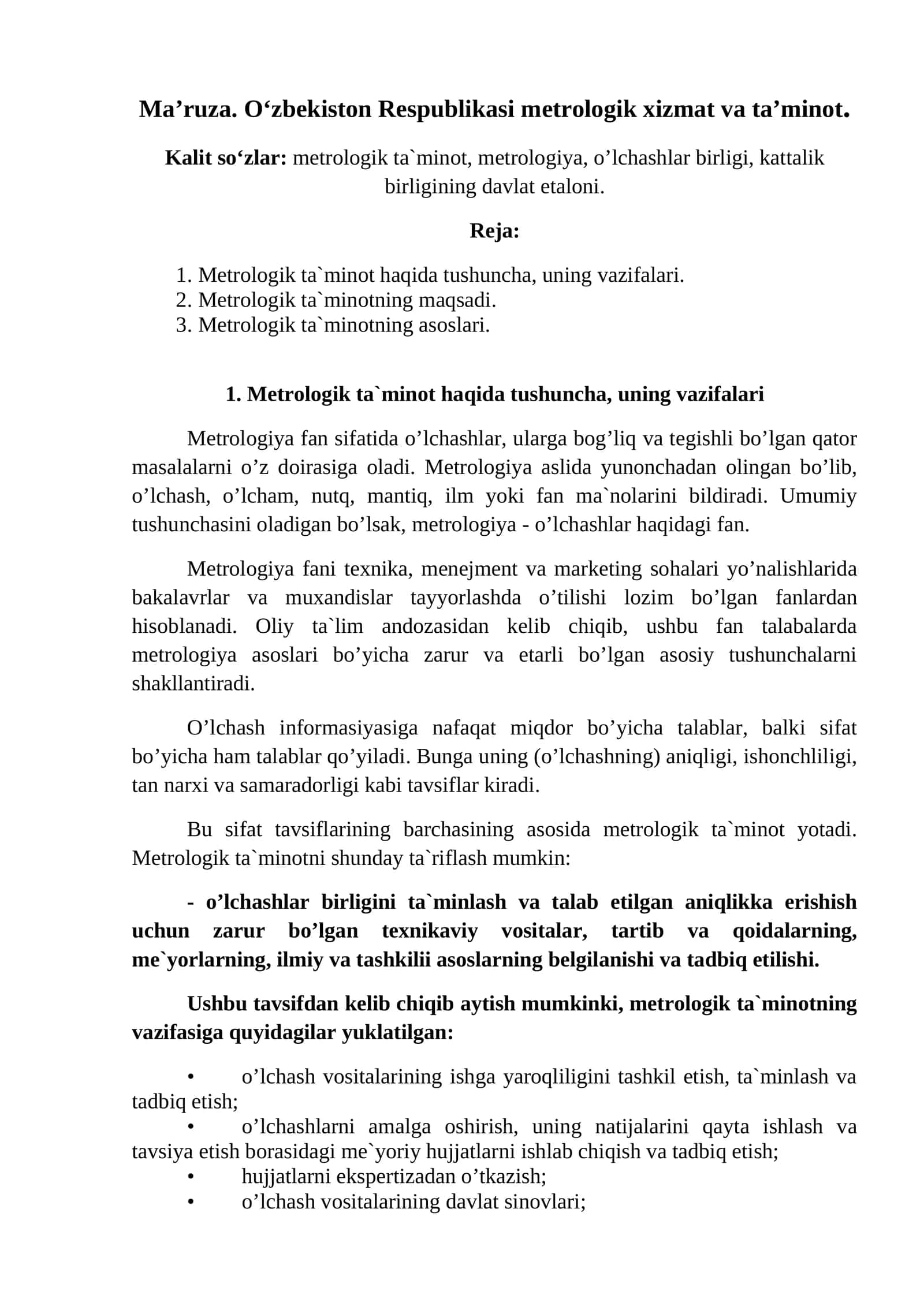 Mа’ruzа. O‘zbekiston Respublikasi metrologik xizmat va ta’minot 1