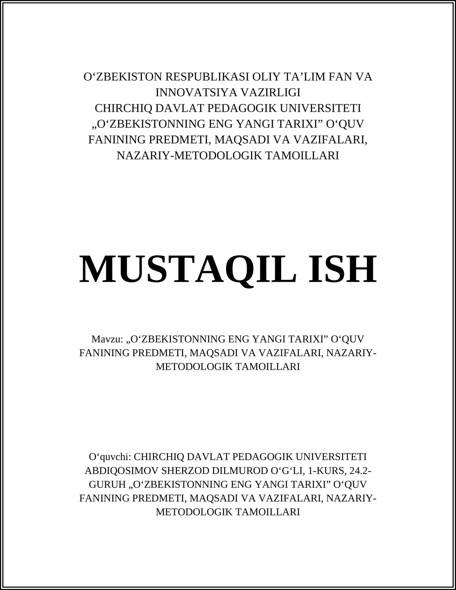 OʻZBEKISTONNING ENG YANGI TARIXI OʻQUV FANI 1