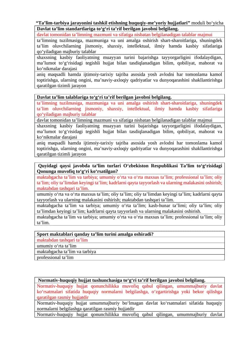 “Ta’lim-tarbiya jarayonini tashkil etishning huquqiy-me’yoriy hujjatlari” moduli boʻyicha 1