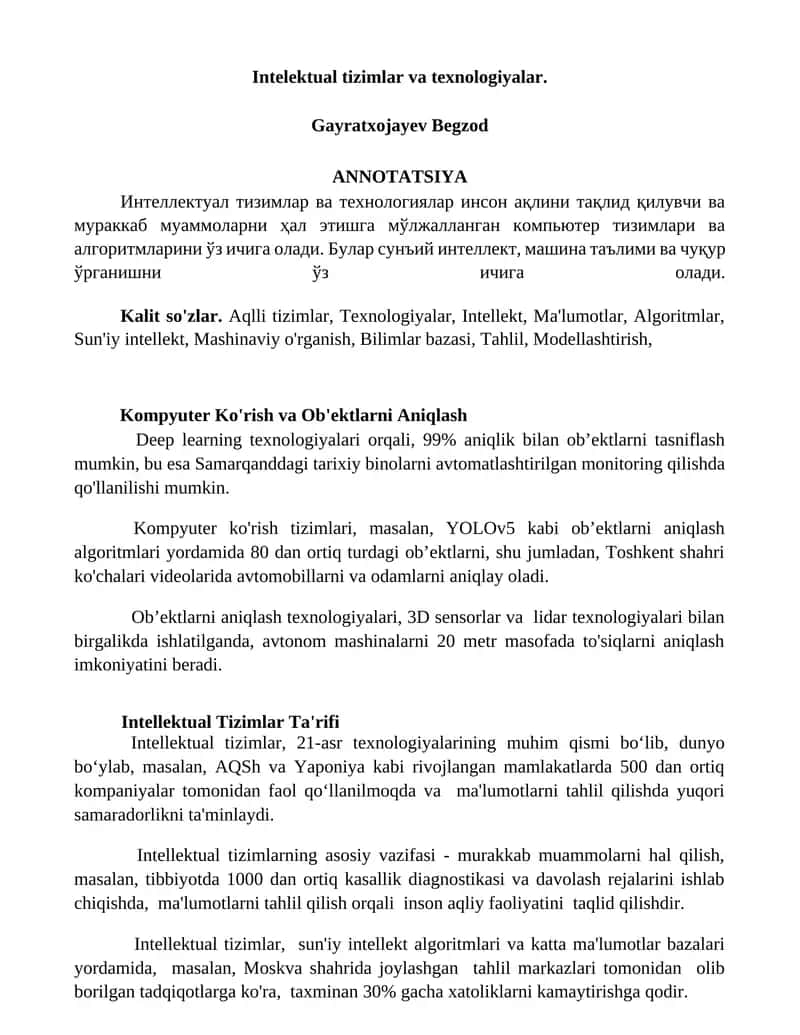 Intellektual Tizimlar va Texnologiyalar 1