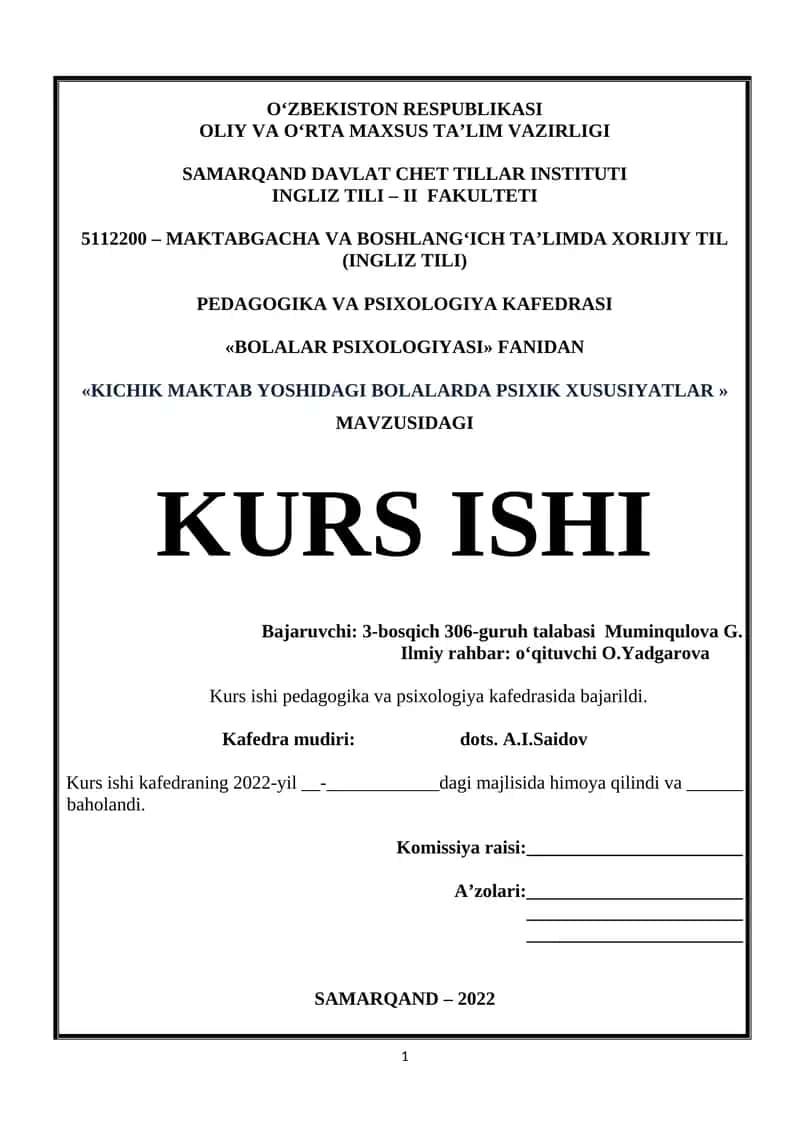 "Kichik maktab yoshidagi bolalarda psixik xususiyatlar" 1