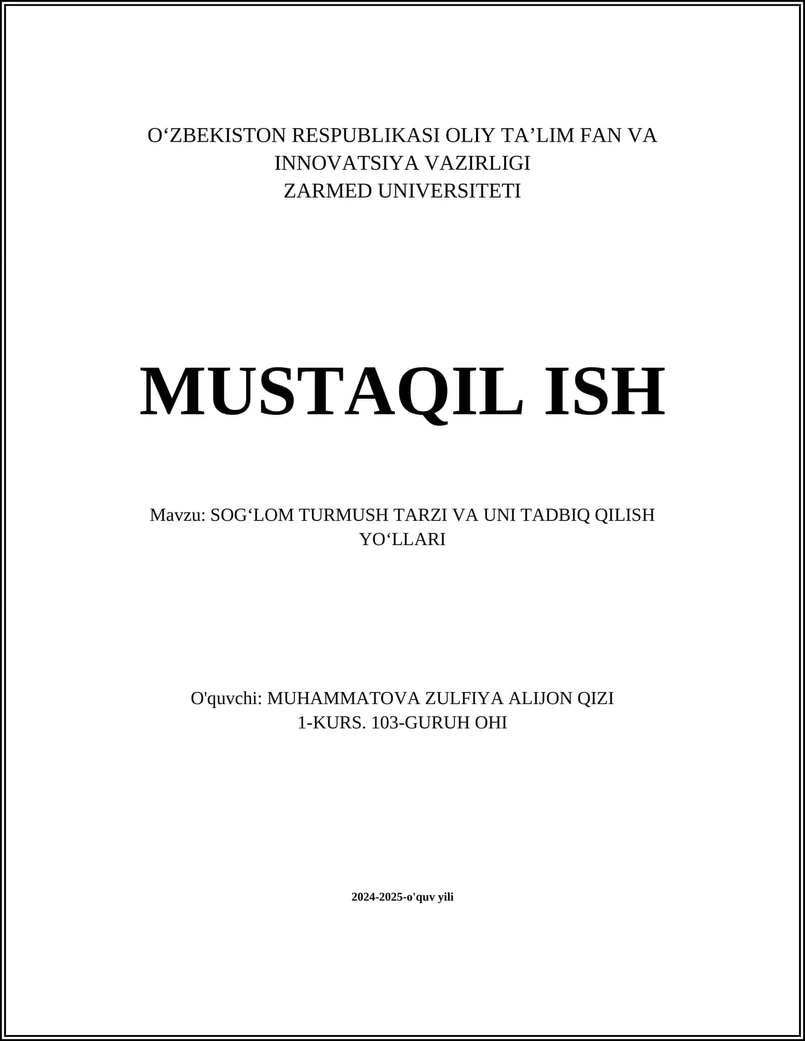 SOGʻLOM TURMUSH TARZI VA UNI TADBIQ QILISH YOʻLLARI 1