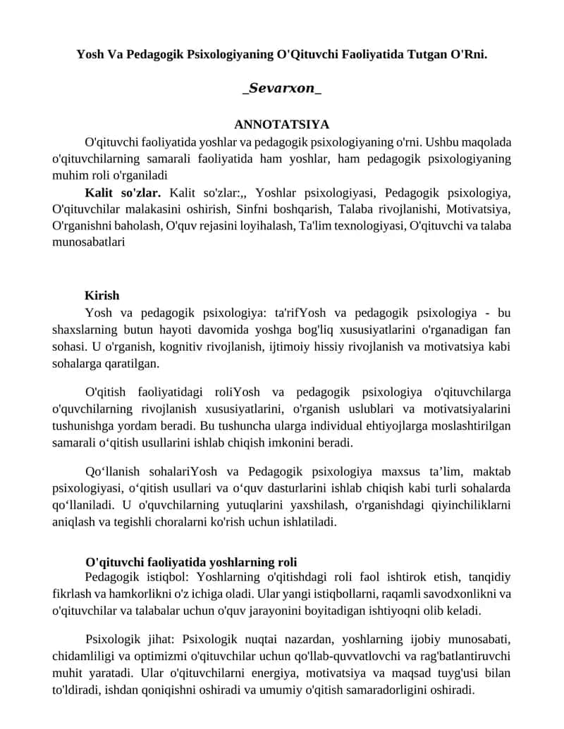 Yosh Va Pedagogik Psixologiyaning O'Qituvchi Faoliyatida Tutgan O'Rni 1