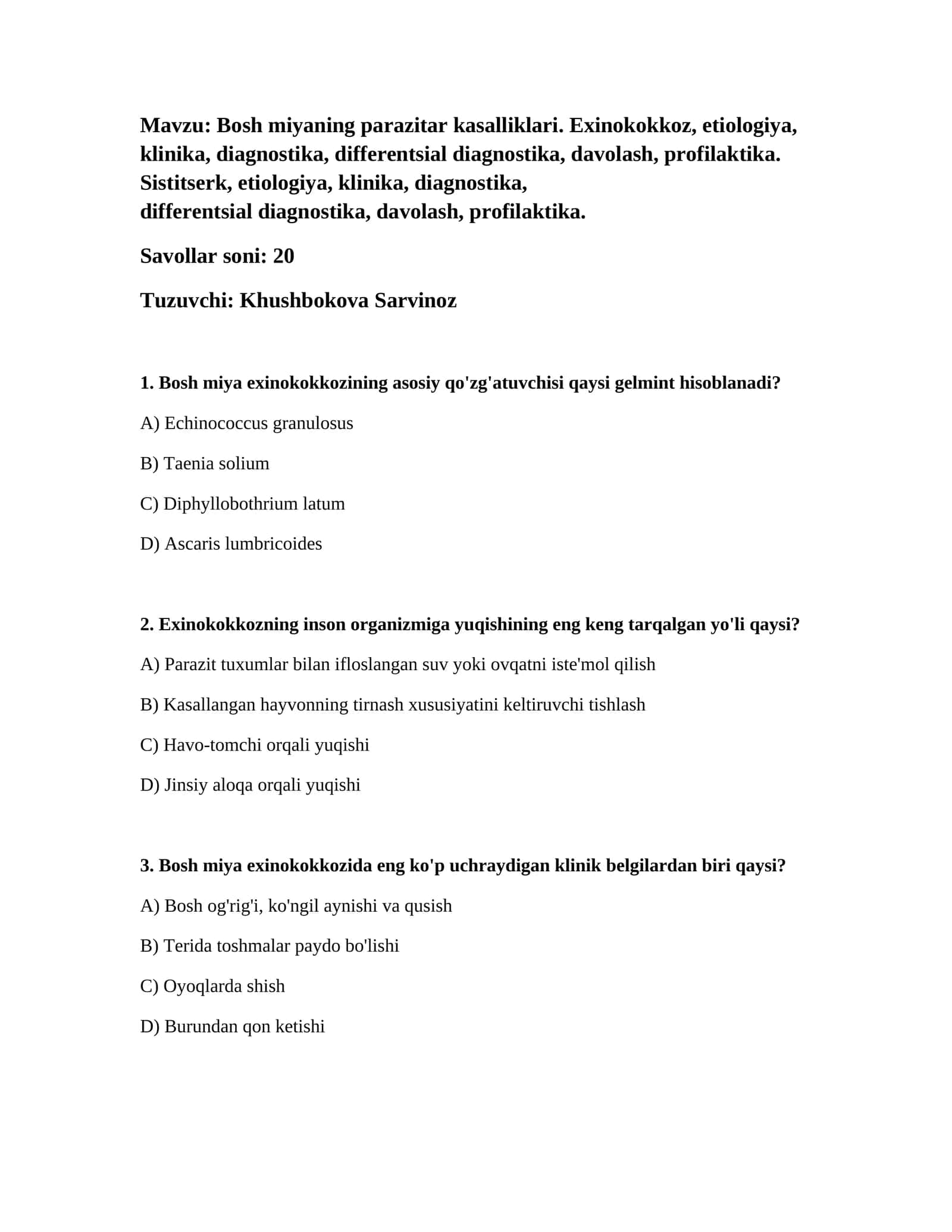 Bosh miyaning parazitar kasalliklari 1