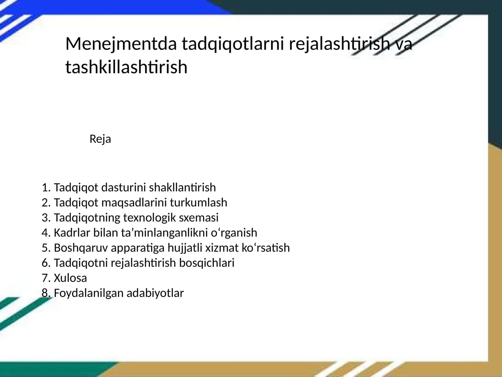 Menejmentda tadqiqotlarni rejalashtirish va tashkillashtirish 1