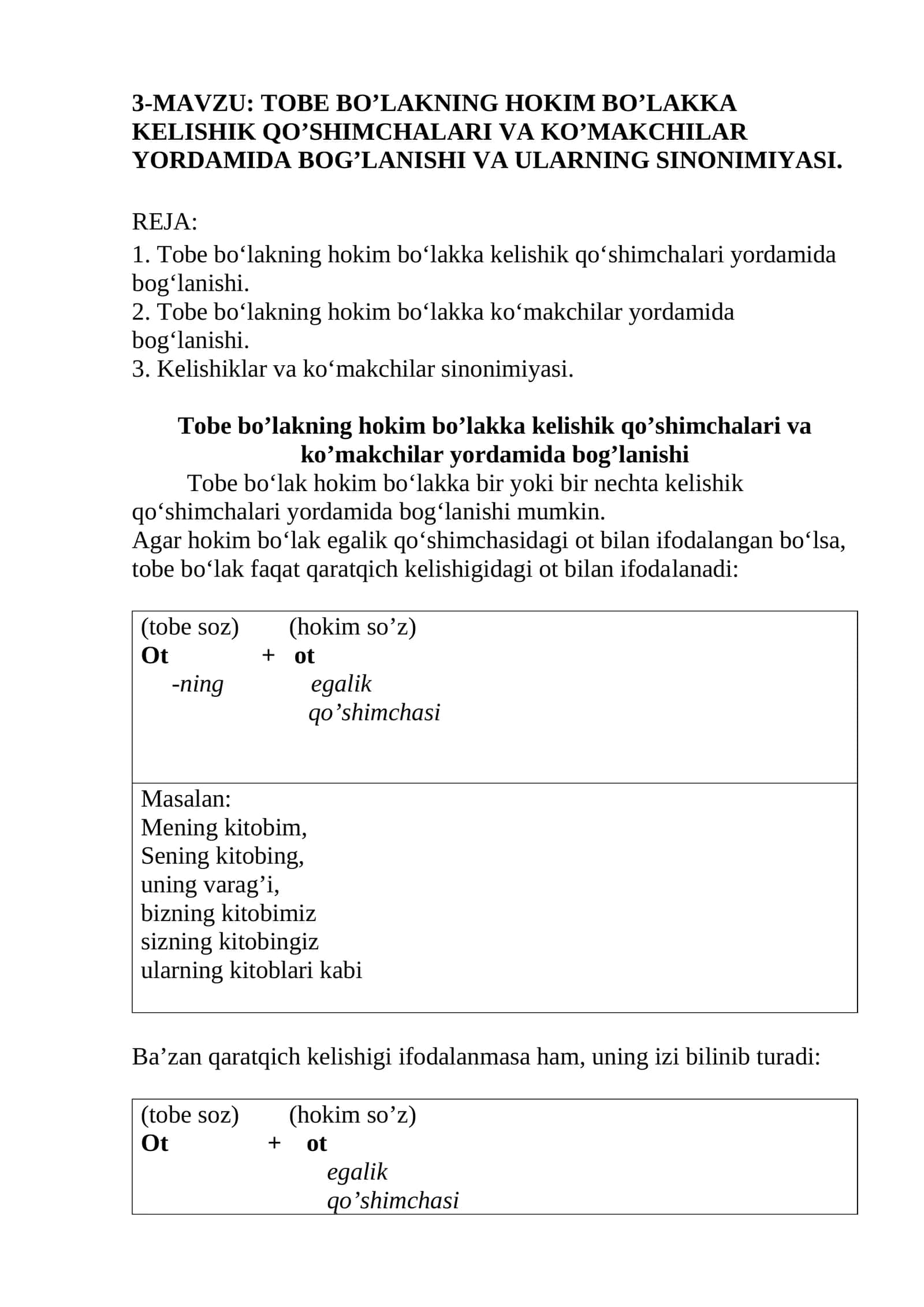 TOBE BO’LAKNING HOKIM BO’LAKKA KELISHIK QO’SHIMCHALARI VA KO’MAKCHILAR YORDAMIDA BOG’LANISHI VA ULARNING SINONIMIYASI 1