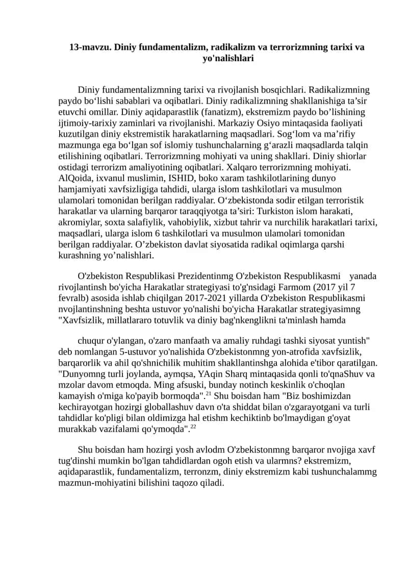 Diniy Fundamentalizm, Radikalizm va Terrorizmning Tarixiy va Yo'nalishlari 1