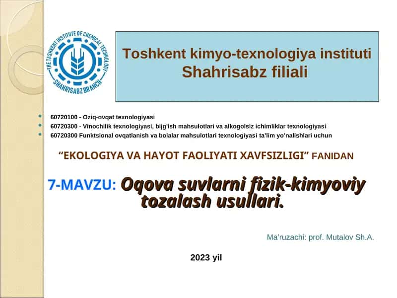 Oqova suvlarni fizik-kimyoviy tozalash usullari 1