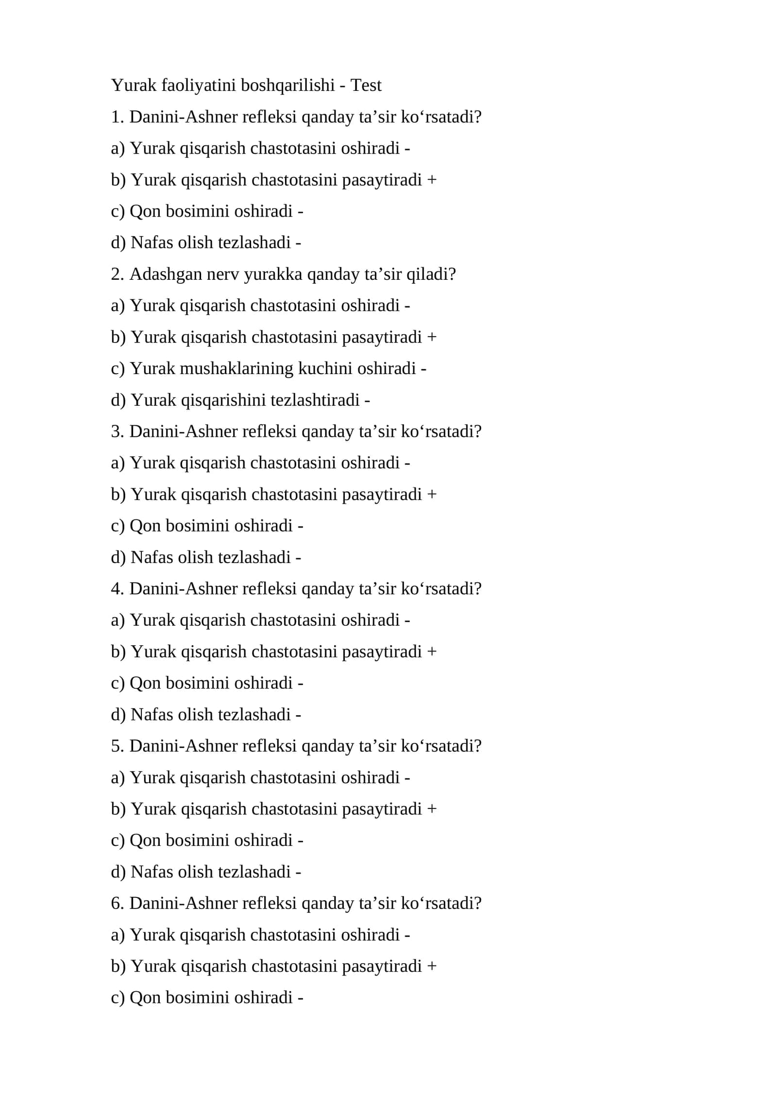 Yurak faoliyatini boshqarilishi - Test 1