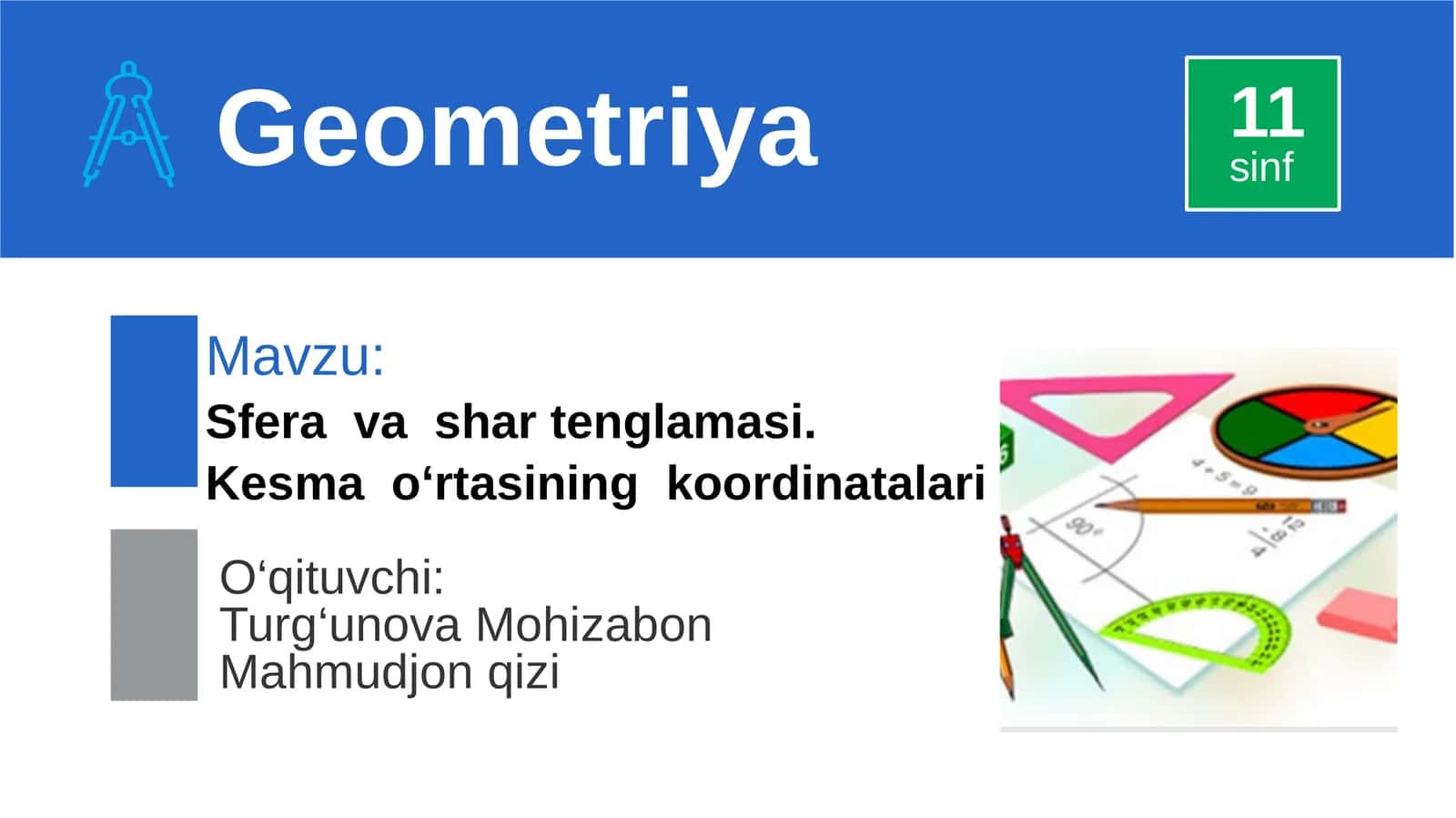 Sfera va shar tenglamasi. Kesma o‘rtasining koordinatalari 1