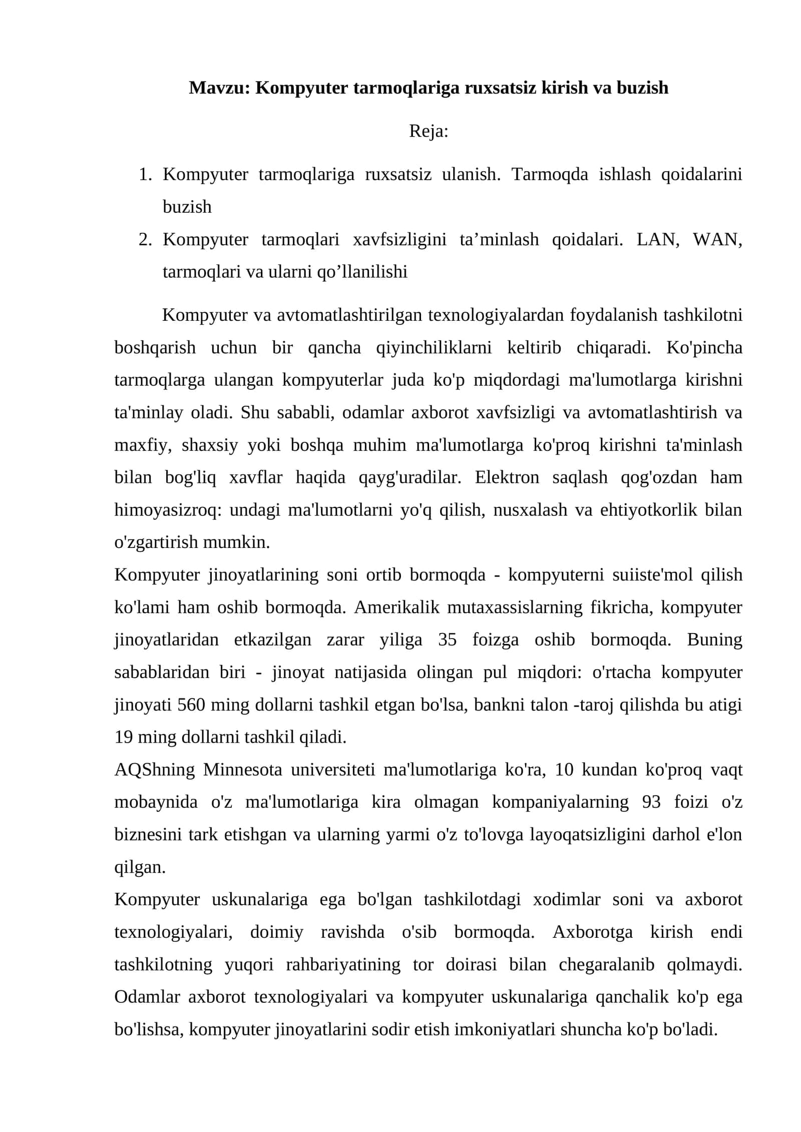 Kompyuter tarmoqlariga ruxsatsiz kirish va buzish 1