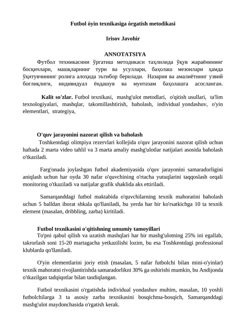Futbol òyin texnikasiga òrgatish metodikasi 1