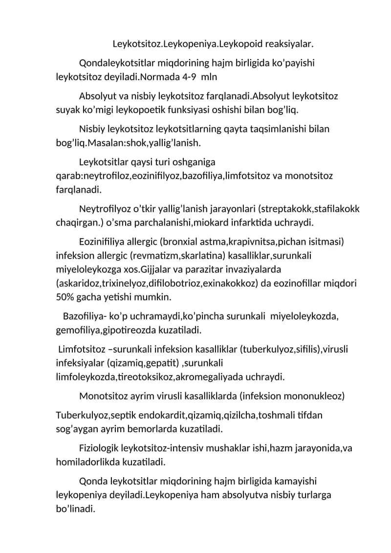 Leykotsitoz.Leykopeniya.Leykopoid reaksiyalar 1